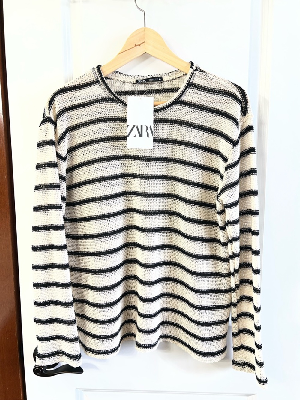 Zara Cream and Black Striped Crewneck Sweater